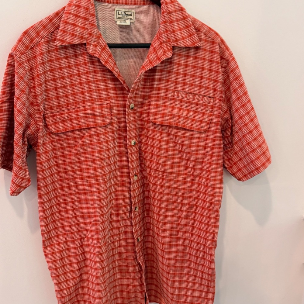 LL Bean Mens Red Plaid Coolmax Fishing Shirt Short Sleeve Mesh Vent Medium OYQ56